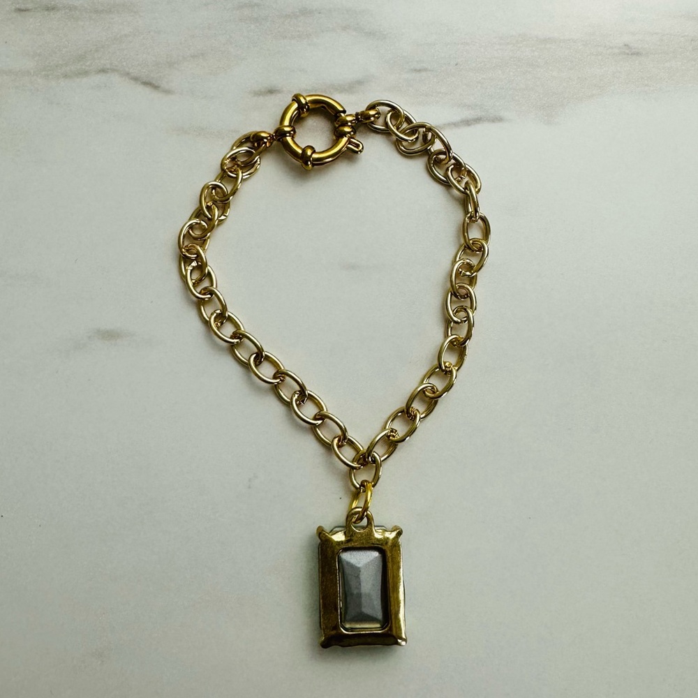 Handcrafted Gold Tone Bracelet w/ Iridescent Gemstone Pendant | 7” - Picture 8 of 13